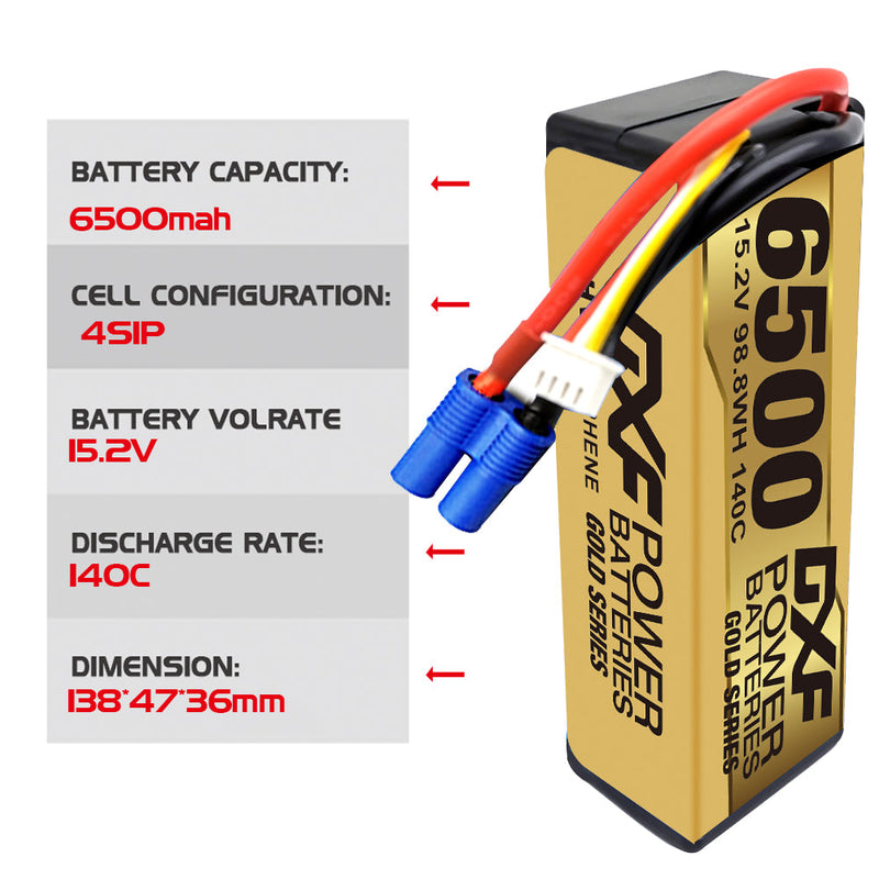 (DE)DXF Lipo Battery 4S 15.2V 6500MAH 140C GoldSeries Graphene lipo Hardcase with EC5 and XT90 Plug for Rc 1/8 1/10 Buggy Truck Car Off-Road Drone