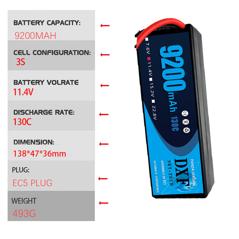 (PL)DXF Lipo Battery 3S 11.4V 9200MAH 130C Blue Series Graphene lipo Hardcase with EC5 Plug for Rc 1/8 1/10 Buggy Truck Car Off-Road Drone