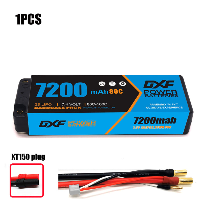 (CN) DXF 2S 7.4V Lipo Battery 80C 7200mAh with 4mm Bullet for RC 1/10 1/8 Vehicles Car Truck Tank Truggy Competition Racing Hobby