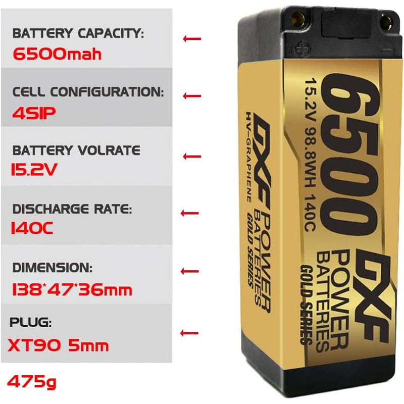 (PL)DXF Lipo Battery 4S 15.2V 6500MAH 140C GoldSeries  LCG 5MM Graphene lipo Hardcase with EC5 and XT90 Plug for Rc 1/8 1/10 Buggy Truck Car Off-Road Drone