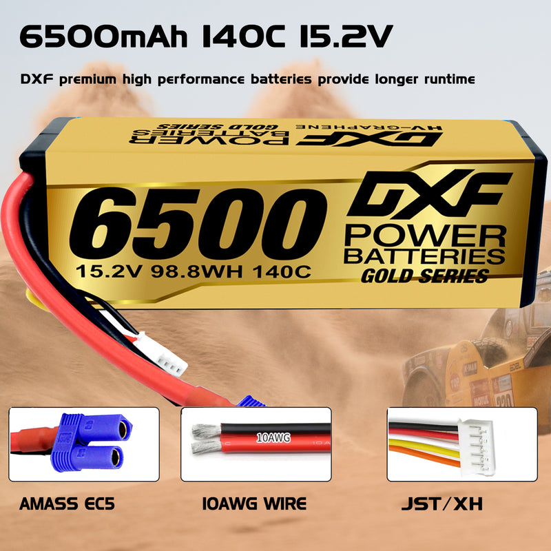 (ES)DXF Lipo Battery 4S 15.2V 6500MAH 140C GoldSeries Graphene lipo Hardcase with EC5 and XT90 Plug for Rc 1/8 1/10 Buggy Truck Car Off-Road Drone