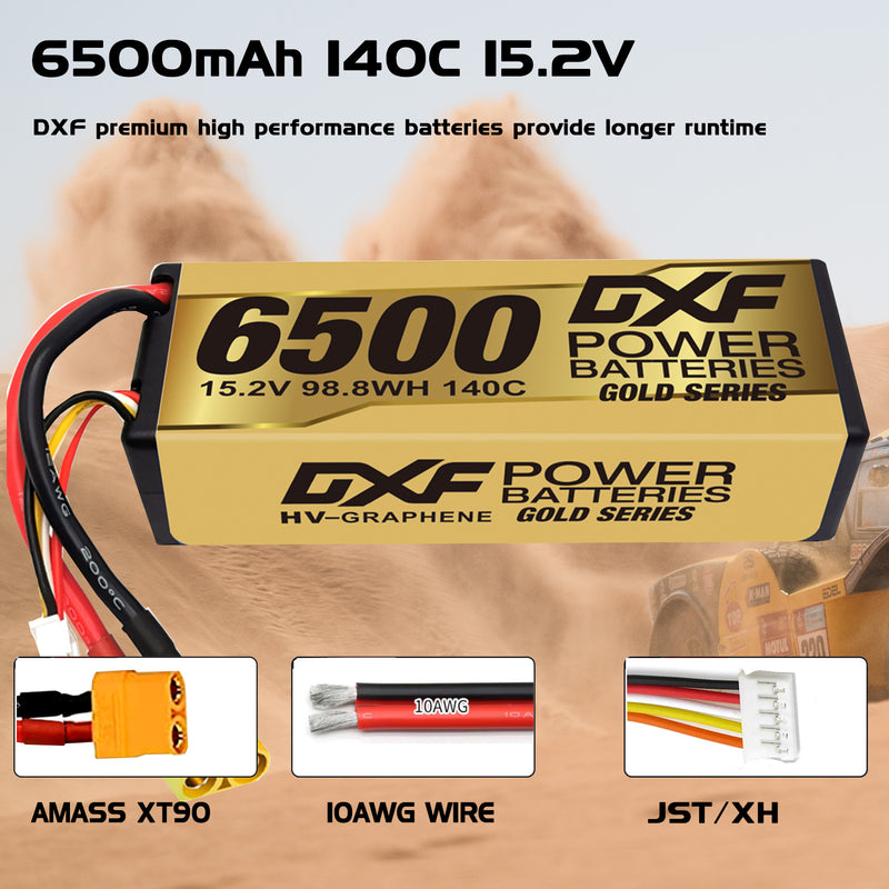 (ES)DXF Lipo Battery 4S 15.2V 6500MAH 140C GoldSeries Graphene lipo Hardcase with EC5 and XT90 Plug for Rc 1/8 1/10 Buggy Truck Car Off-Road Drone