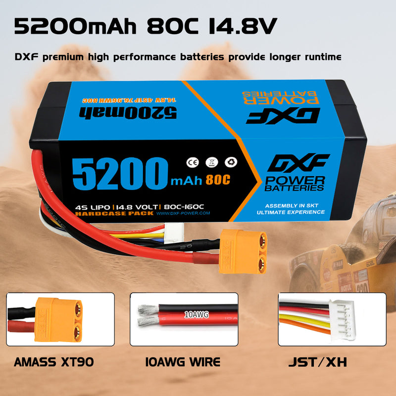(CA)DXF Lipo Battery 4S 14.8V 5200MAH 80C  lipo Hardcase with  XT90 Plug for Rc 1/8 1/10 Buggy Truck Car Off-Road Drone
