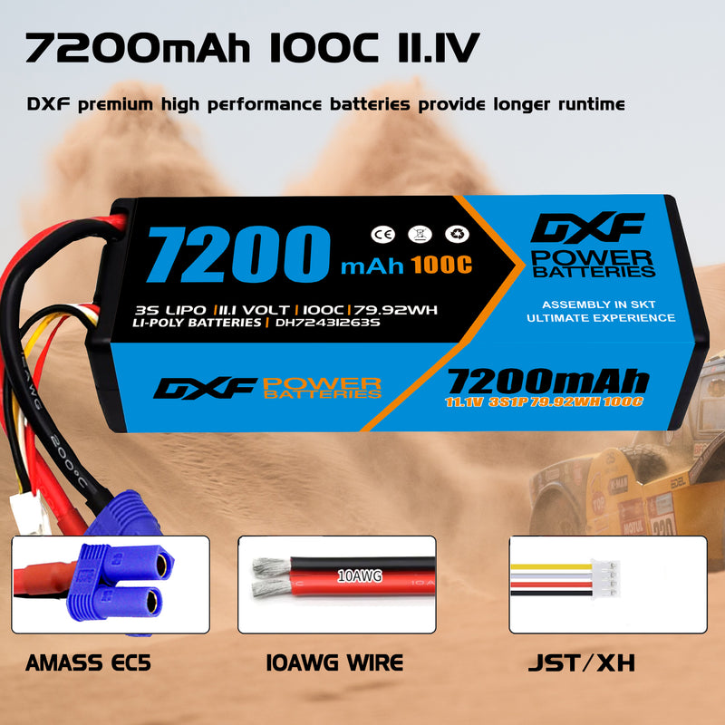 (CA)DXF Lipo Battery 3S 11.1V 7200MAH 100C Blue Series lipo Hardcase with  EC5 Plug for Rc 1/8 1/10 Buggy Truck Car Off-Road Drone