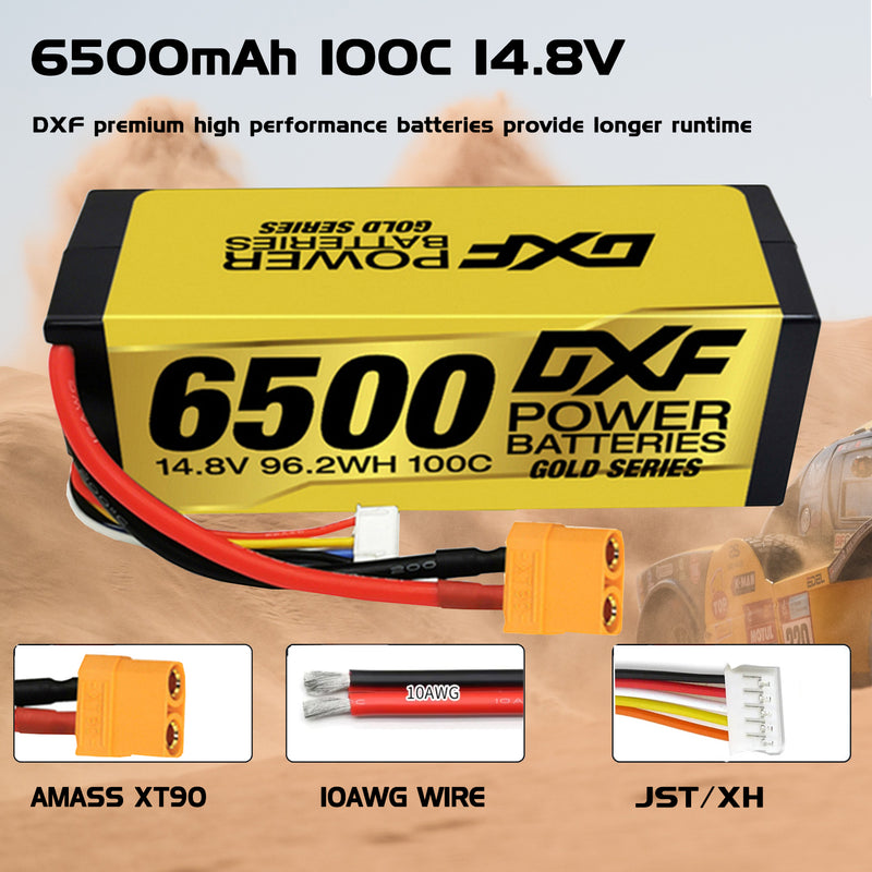 (IT)DXF Lipo Battery 4S 14.8V 6500MAH 100C GoldSeries Graphene lipo Hardcase with EC5 and XT90 Plug for Rc 1/8 1/10 Buggy Truck Car Off-Road Drone