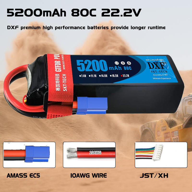 (GE)DXF 6S Lipo Battery 22.2V 80C 5200mAh Soft Case Battery with EC5 XT90 Connector for Car Truck Tank RC Buggy Truggy Racing Hobby