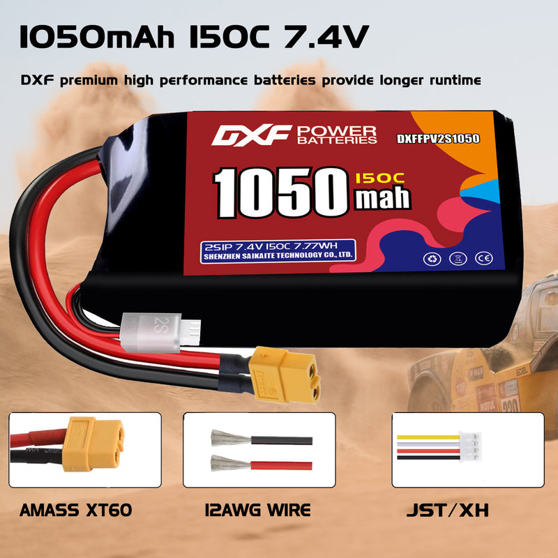 DXF 1050mAh 2S 150C 7.4V Lipo Battery Pack for FPV LiPo Battery