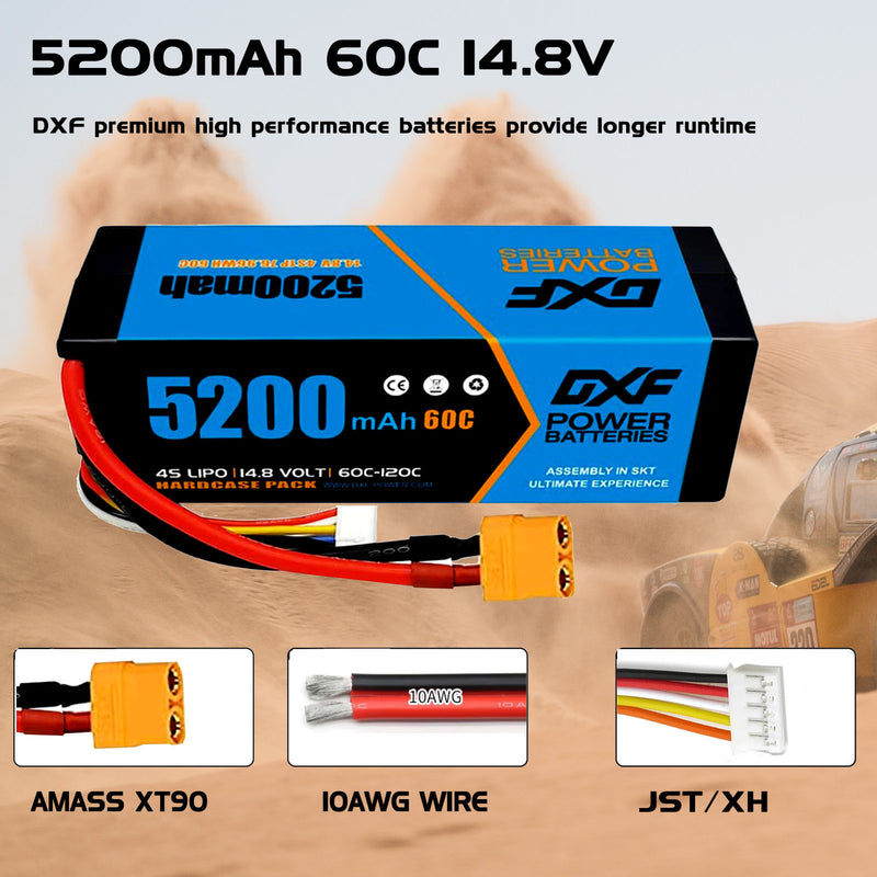DXF Lipo Battery 4S 14.8V 5200MAH 60C  lipo Hardcase with  XT90 Plug for Rc 1/8 1/10 Buggy Truck Car Off-Road Drone