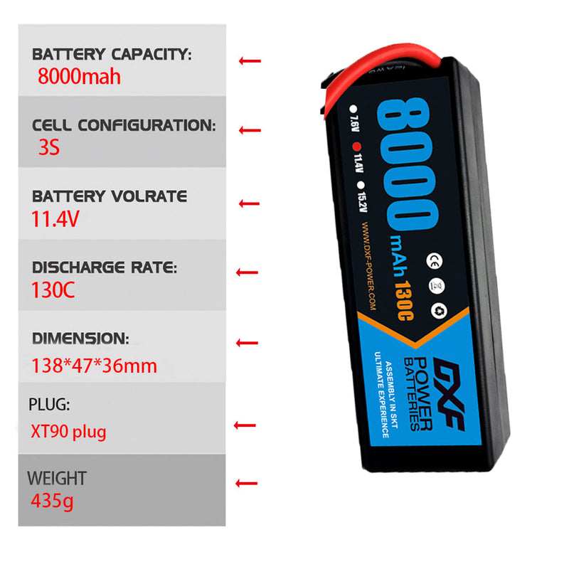 (GE)DXF Lipo Battery 3S 11.4V 8000MAH 130C Blue Series Graphene lipo Hardcase with XT90 Plug for Rc 1/8 1/10 Buggy Truck Car Off-Road Drone