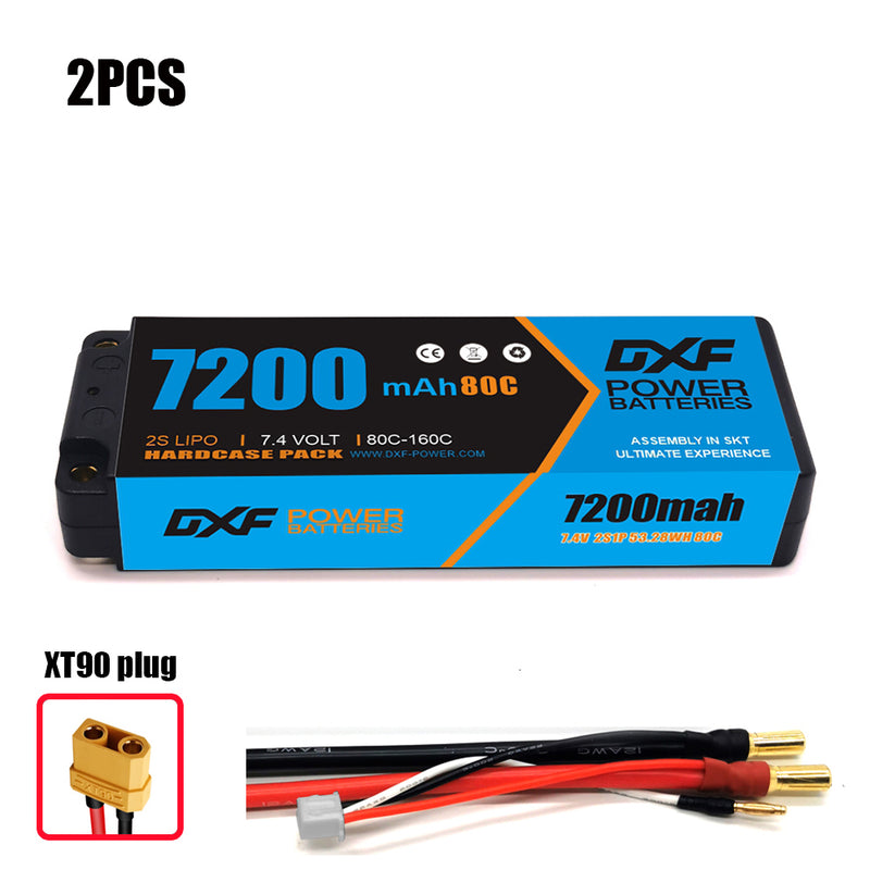 (CN) DXF 2S 7.4V Lipo Battery 80C 7200mAh with 4mm Bullet for RC 1/10 1/8 Vehicles Car Truck Tank Truggy Competition Racing Hobby