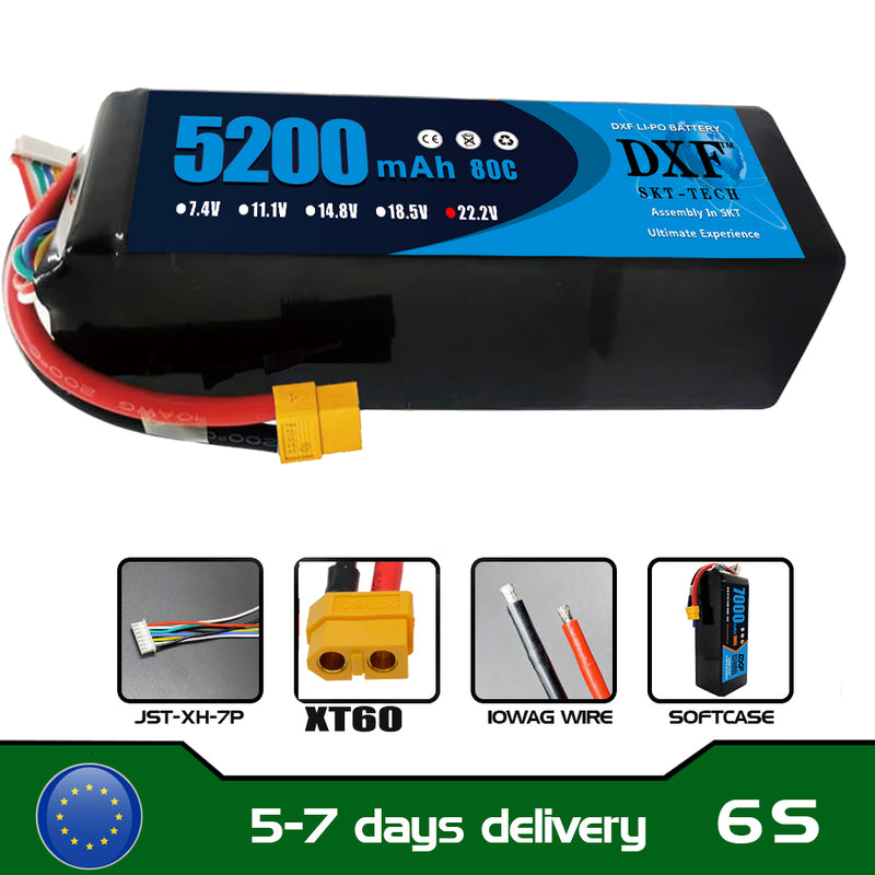 (GE)DXF 6S Lipo Battery 22.2V 80C 5200mAh Soft Case Battery with XT60 Connector for Car Truck Tank RC Buggy Truggy Racing Hobby