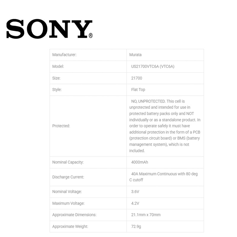 Sony 21700 VTC6A 4000mAh - 40A  SONY 21700 VTC6A Battery
