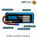 DXF 3S LiPo 배터리 11.1V 5200mAh 80C 하드케이스 (RC 1/8 1/10 버기 트럭 자동차 오프로드 드론용 EC5 플러그 포함)