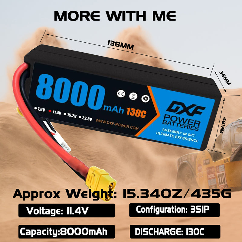 (EU)DXF Lipo Battery 3S 11.4V 8000MAH 130C Blue Series Graphene lipo Hardcase with XT90 Plug for Rc 1/8 1/10 Buggy Truck Car Off-Road Drone