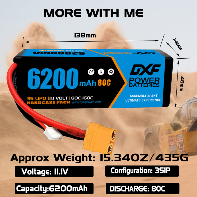 (PL)DXF Lipo Battery 3S 11.1V 6200MAH 80C  lipo Hardcase XT90 Plug for Rc 1/8 1/10 Buggy Truck Car Off-Road Drone