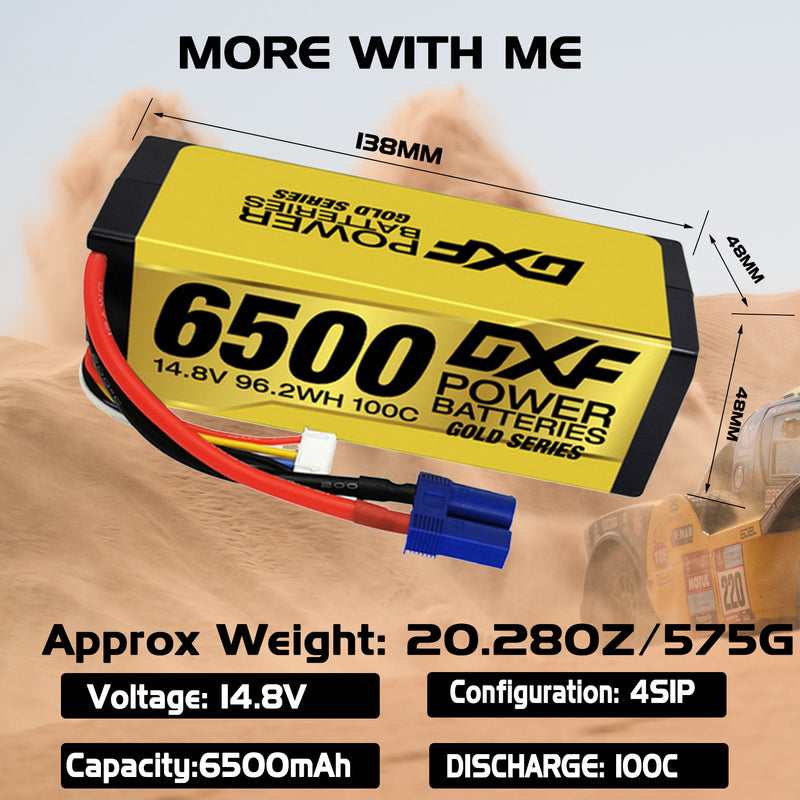 (IT)DXF Lipo Battery 4S 14.8V 6500MAH 100C GoldSeries Graphene lipo Hardcase with EC5 and XT90 Plug for Rc 1/8 1/10 Buggy Truck Car Off-Road Drone
