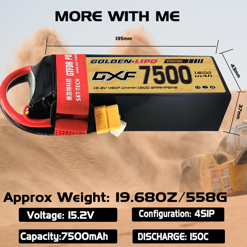 (CN)DXF 4S Lipo Battery 15.2V 150C 7500mAh Soft Case Battery with EC5 XT90 Connector for Car Truck Tank RC Buggy Truggy Racing Hobby