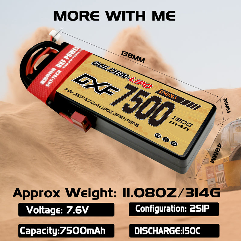 (CN)DXF Lipo Battery 2S 7.6V 7500MAH 150C  lipo Hardcase with  DEANS/T Plug for Rc 1/8 1/10 Buggy Truck Car Off-Road Drone