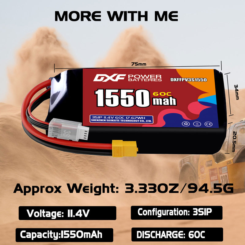 DXF 1550mAh 3S 60C 11.4V Lipo Battery Pack for FPV LiPo Battery