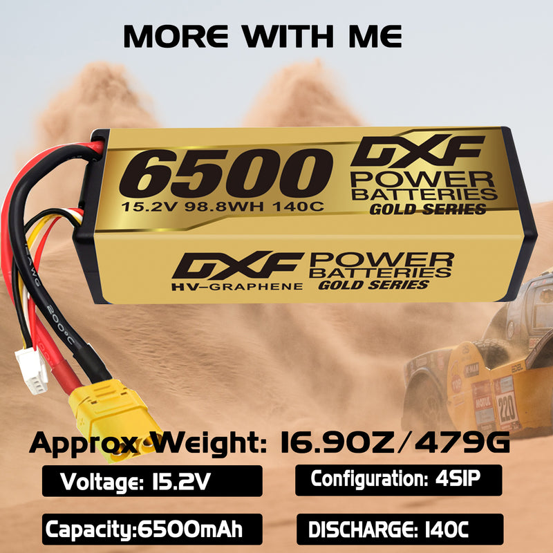 (ES)DXF Lipo Battery 4S 15.2V 6500MAH 140C GoldSeries Graphene lipo Hardcase with EC5 and XT90 Plug for Rc 1/8 1/10 Buggy Truck Car Off-Road Drone