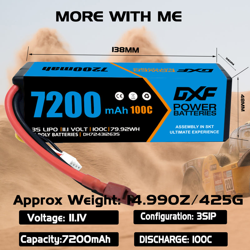 (CA)DXF Lipo Battery 3S 11.1V 7200MAH 100C Blue Series lipo Hardcase with Deans/T Plug for Rc 1/8 1/10 Buggy Truck Car Off-Road Drone