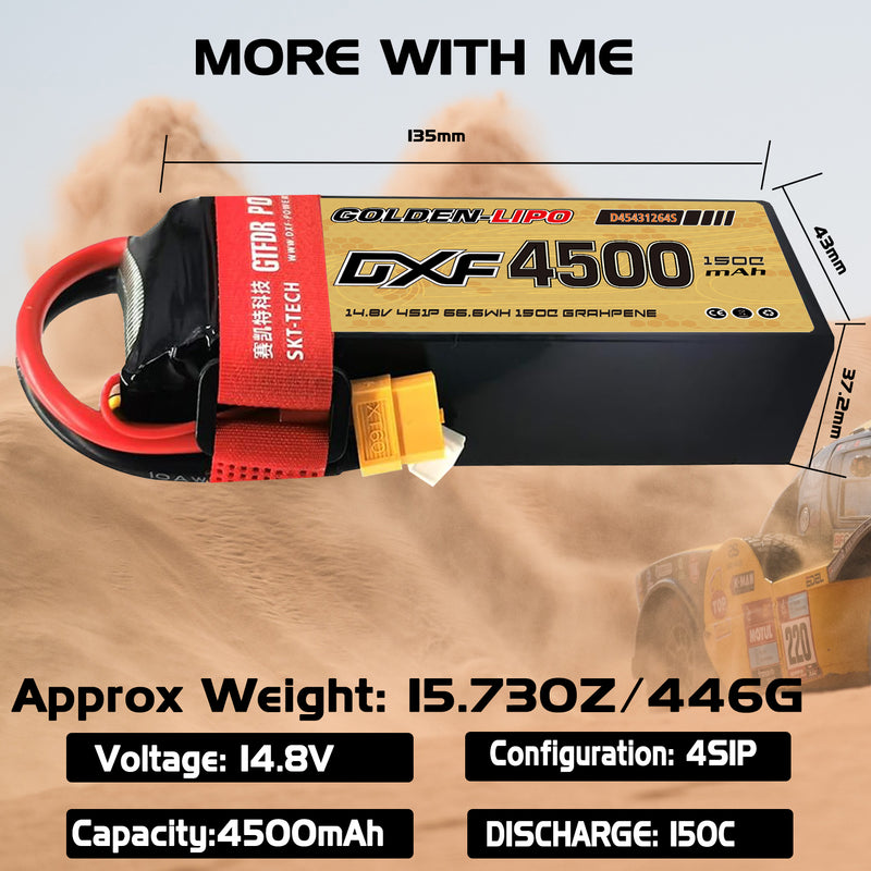 (CN)DXF 4S Lipo Battery 14.8V 150C 4500mAh Soft Case Battery with EC5 XT90 Connector for Car Truck Tank RC Buggy Truggy Racing Hobby