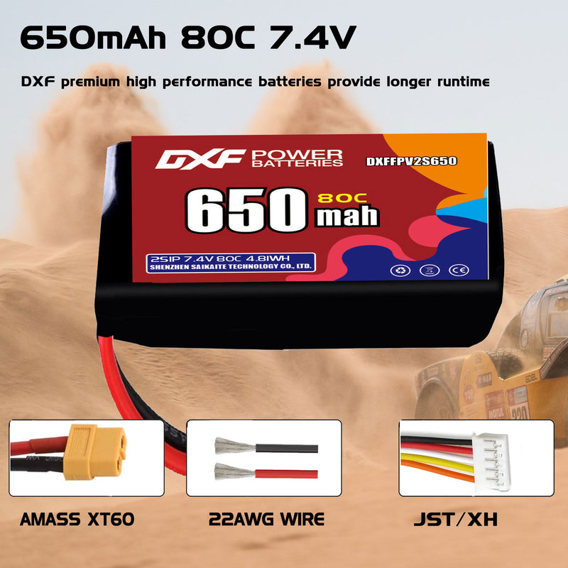 DXF 650mAh 2S 80C 7.4V Lipo Battery Pack for FPV LiPo Battery