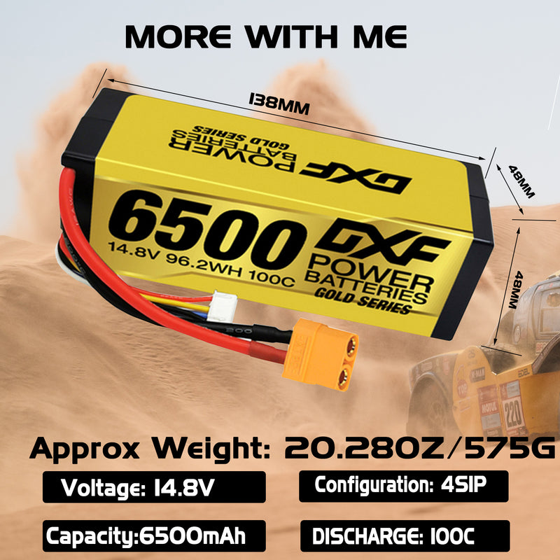 (IT)DXF Lipo Battery 4S 14.8V 6500MAH 100C GoldSeries Graphene lipo Hardcase with EC5 and XT90 Plug for Rc 1/8 1/10 Buggy Truck Car Off-Road Drone