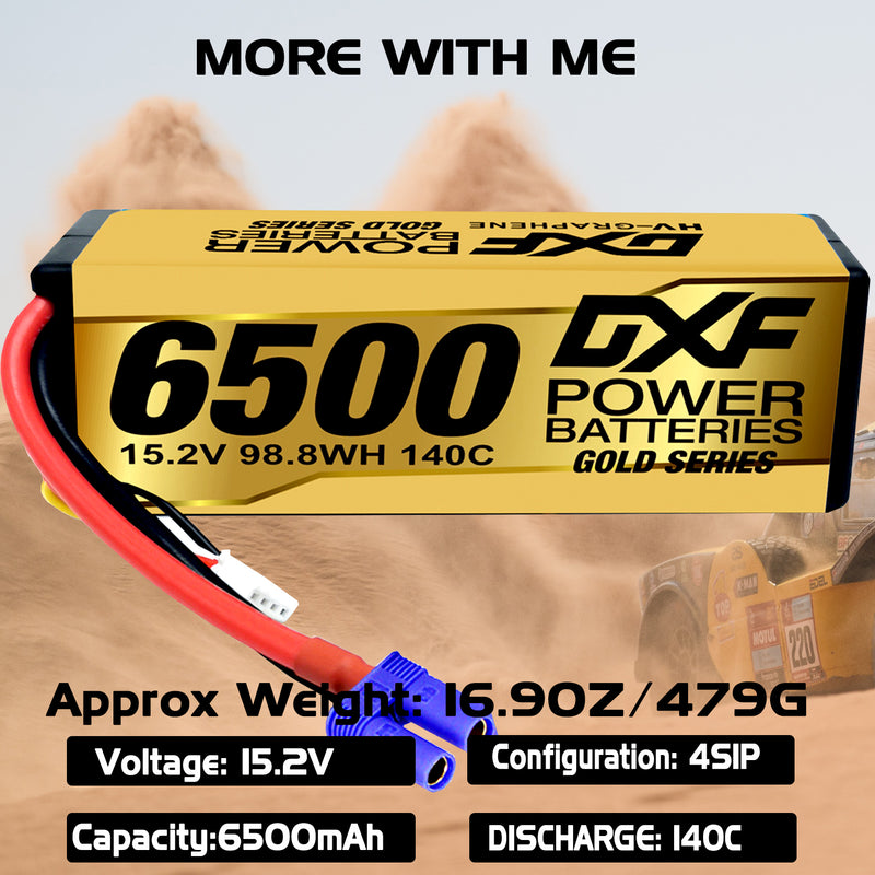 (ES)DXF Lipo Battery 4S 15.2V 6500MAH 140C GoldSeries Graphene lipo Hardcase with EC5 and XT90 Plug for Rc 1/8 1/10 Buggy Truck Car Off-Road Drone