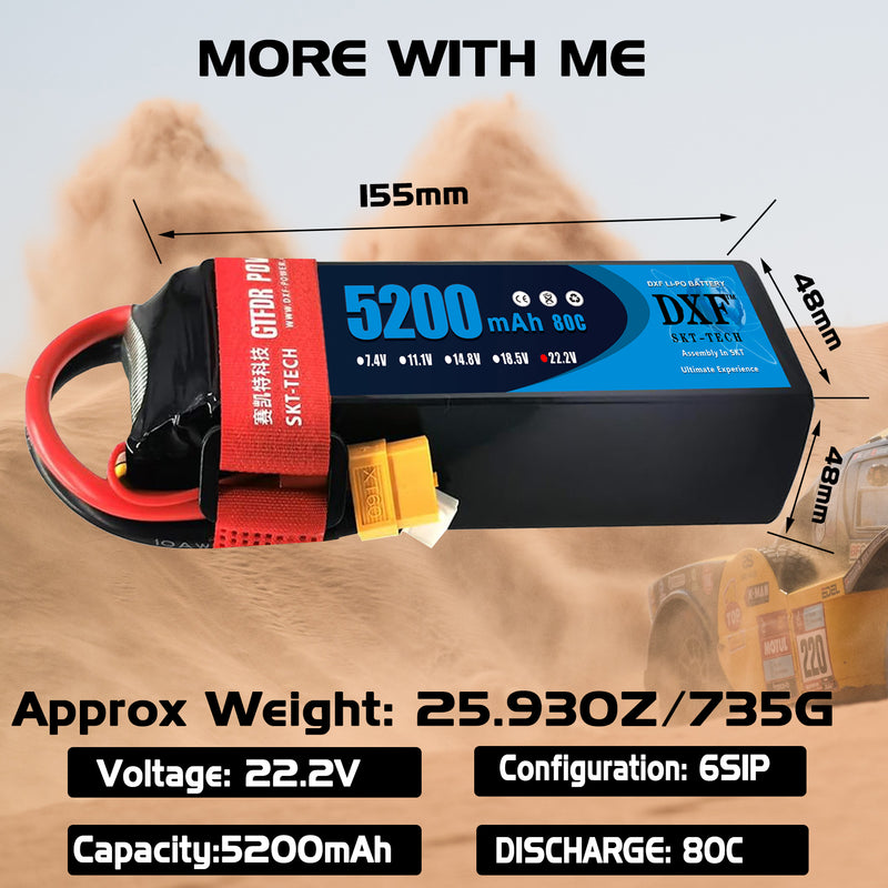 (PL)DXF 6S Lipo Battery 22.2V 80C 5200mAh Soft Case Battery with XT60 Connector for Car Truck Tank RC Buggy Truggy Racing Hobby
