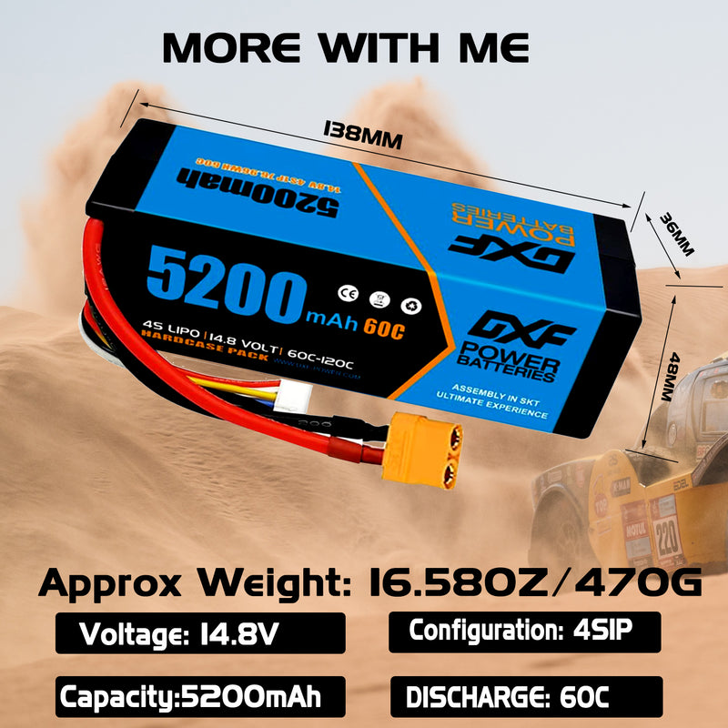 (FR)DXF Lipo Battery 4S 14.8V 5200MAH 60C  lipo Hardcase with  XT90 Plug for Rc 1/8 1/10 Buggy Truck Car Off-Road Drone