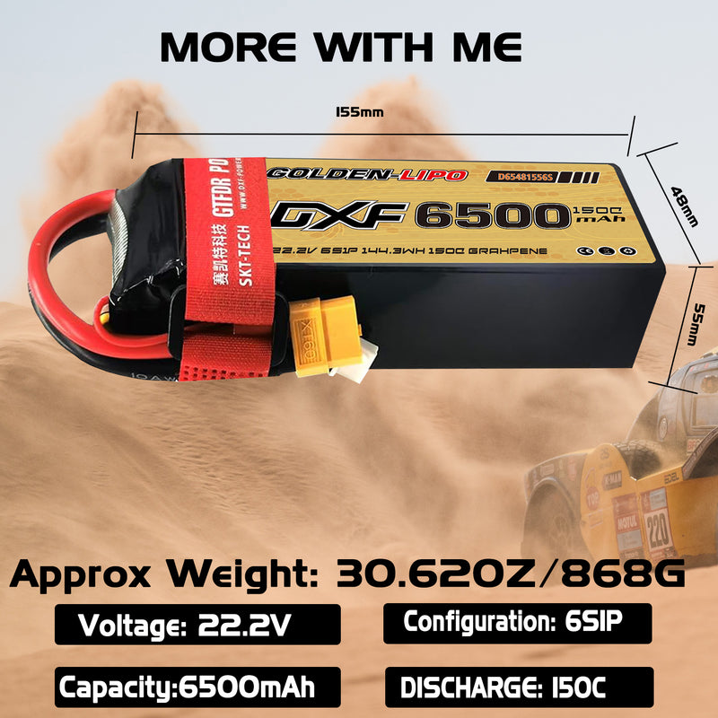 (CN)DXF 6S Lipo Battery 22.2V 150C 6500mAh Soft Case Battery with EC5 XT90 Connector for Car Truck Tank RC Buggy Truggy Racing Hobby