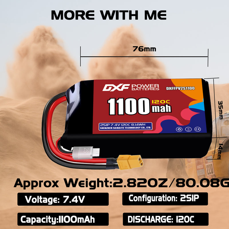 DXF 1100mAh 2S 120C 7.4V Lipo Battery Pack for FPV LiPo Battery