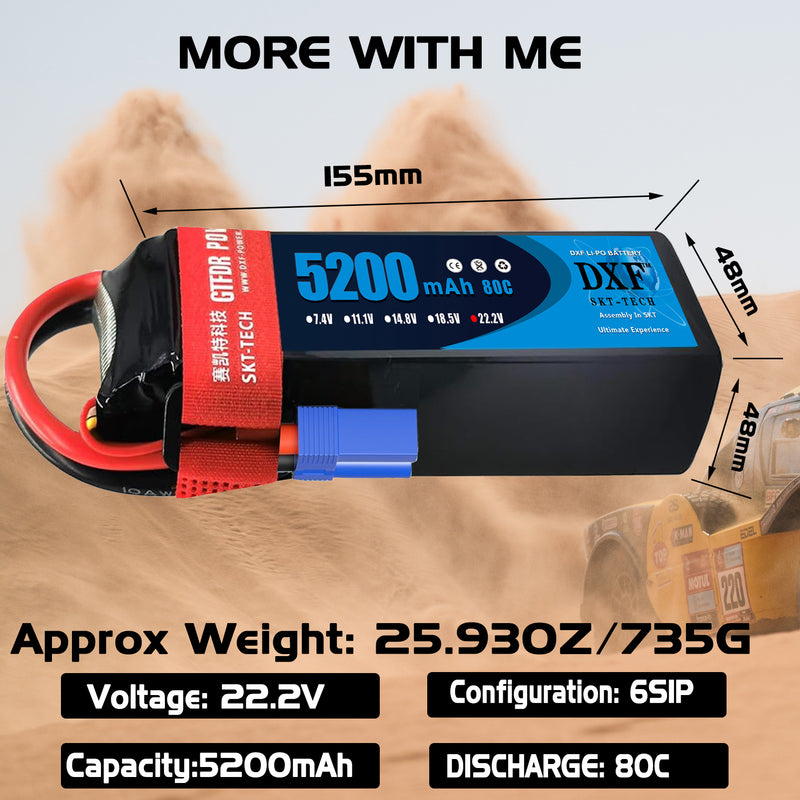 (GE)DXF 6S Lipo Battery 22.2V 80C 5200mAh Soft Case Battery with EC5 XT90 Connector for Car Truck Tank RC Buggy Truggy Racing Hobby