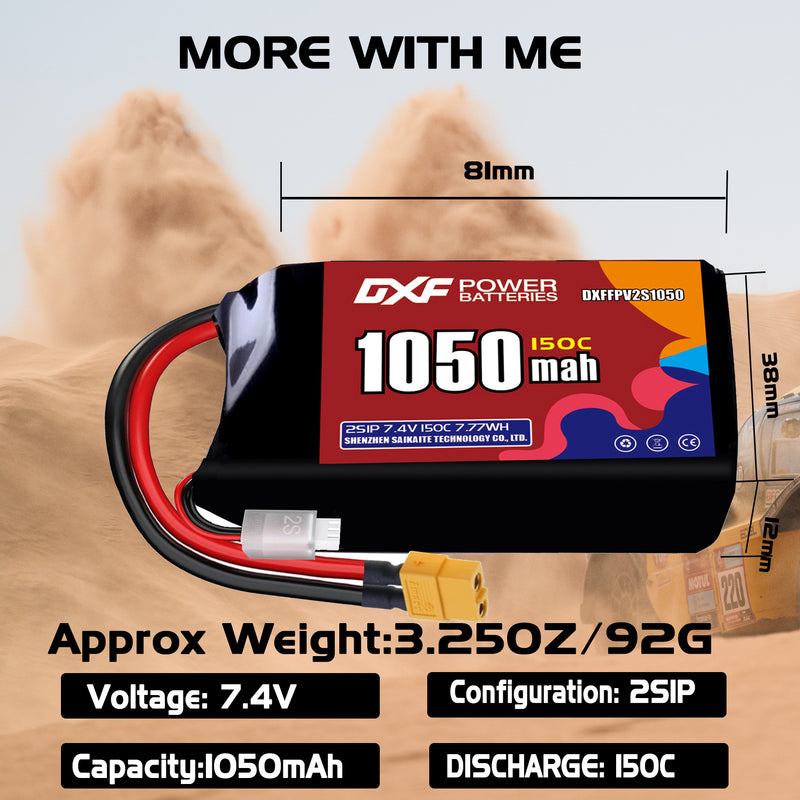 DXF 1050mAh 2S 150C 7.4V Lipo Battery Pack for FPV LiPo Battery