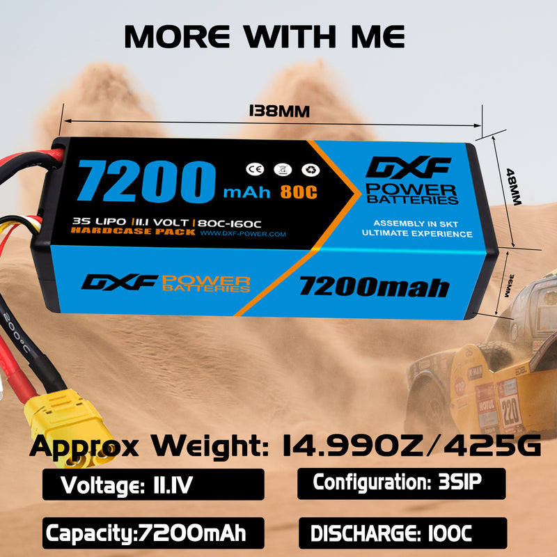 (GE)DXF Lipo Battery 3S 11.1V 7200MAH 80C Blue Series lipo Hardcase with XT90 Plug for Rc 1/8 1/10 Buggy Truck Car Off-Road Drone