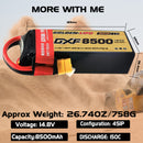DXF LiPo Battery 4S 14.8V 8500mAh 150C Graphene Softcase with EC5 / T / TRX / XT60 / XT90 / XT150 / Q8s Plug for RC 1/8 1/10 Buggy Truck Car Off-Road Drone