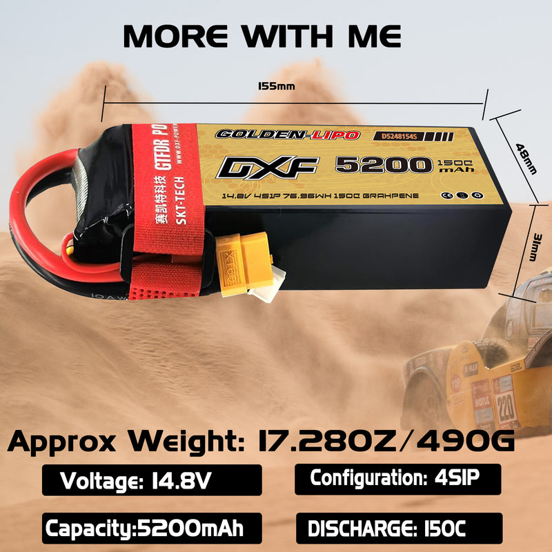 (CN)DXF 4S Lipo Battery 14.8V 150C 5200mAh Soft Case Battery with EC5 XT90 Connector for Car Truck Tank RC Buggy Truggy Racing Hobby