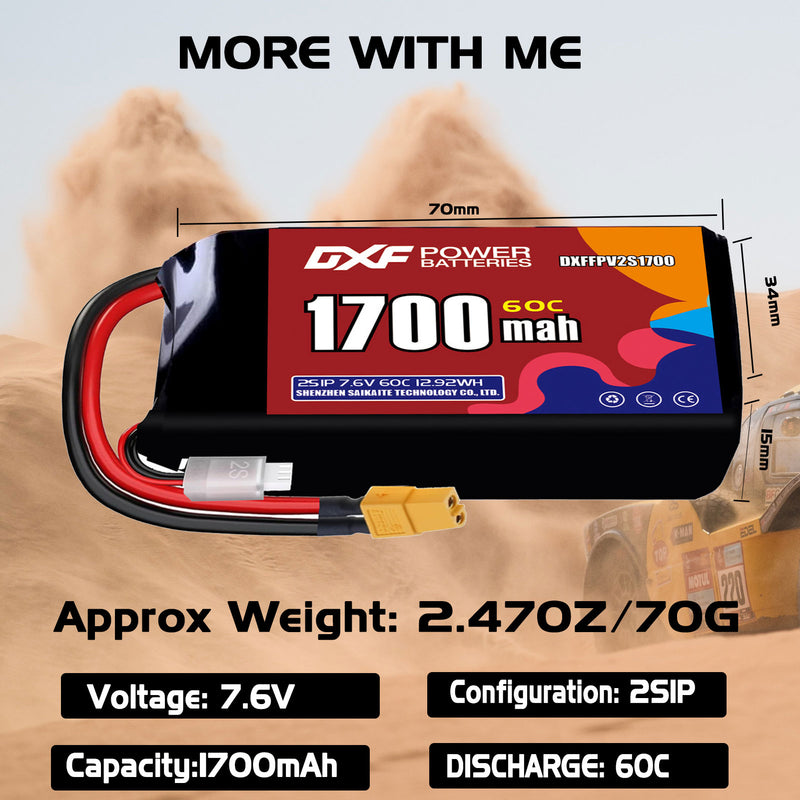 DXF 1700mAh 2S 60C 7.6V Lipo Battery Pack for FPV LiPo Battery