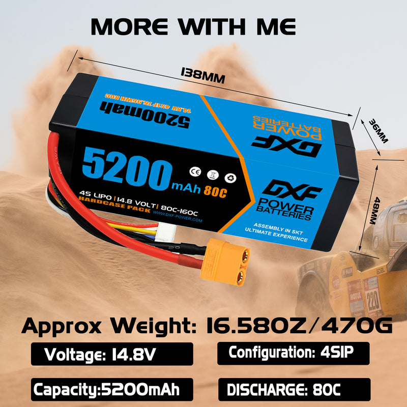(CA)DXF Lipo Battery 4S 14.8V 5200MAH 80C  lipo Hardcase with  XT90 Plug for Rc 1/8 1/10 Buggy Truck Car Off-Road Drone