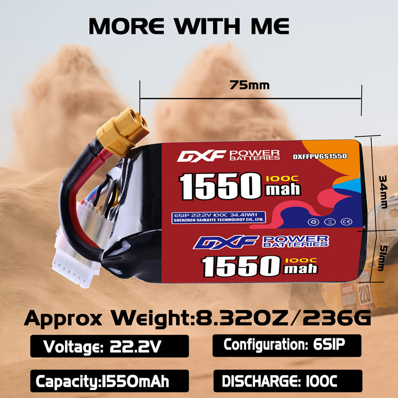 DXF 1550mAh 6S 100C 22.2V Lipo Battery Pack for FPV LiPo Battery