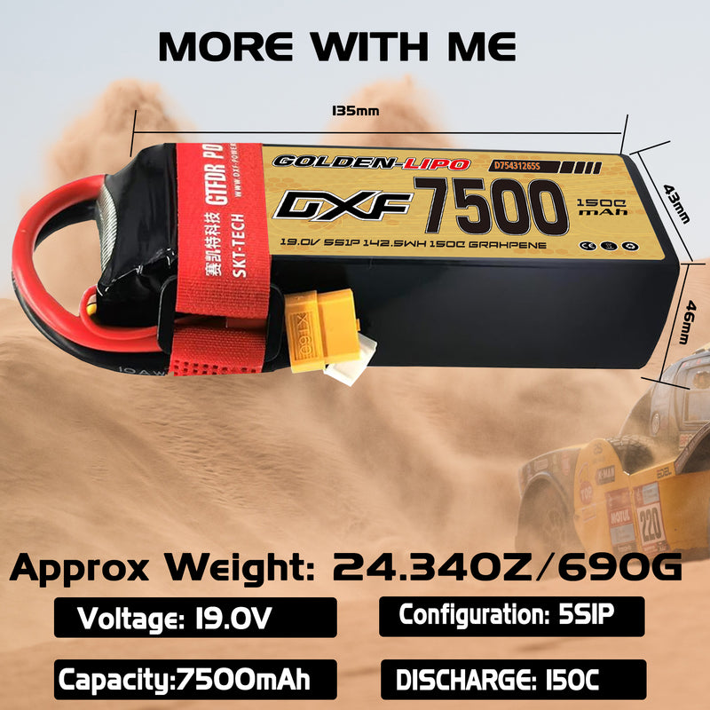 (CN)DXF 5S Lipo Battery 19.0V 150C 7500mAh Soft Case Battery with EC5 XT90 Connector for Car Truck Tank RC Buggy Truggy Racing Hobby