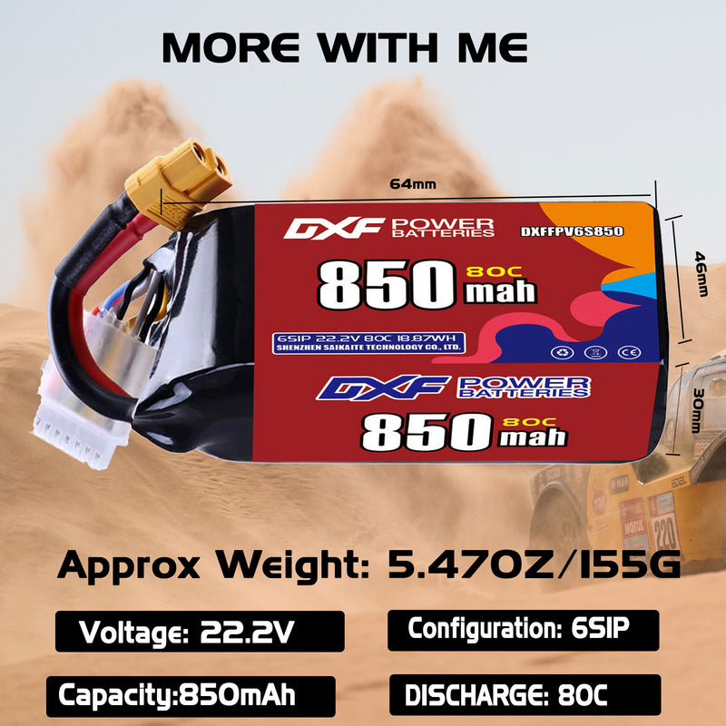 DXF 850mAh 6S 80C 22.2V Lipo Battery Pack for FPV LiPo Battery