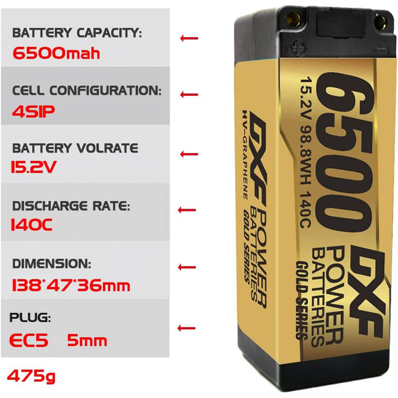 (CA)DXF Lipo Battery 4S 15.2V 6500MAH 140C GoldSeries  LCG 5MM Graphene lipo Hardcase with  EC5 Plug for Rc 1/8 1/10 Buggy Truck Car Off-Road Drone