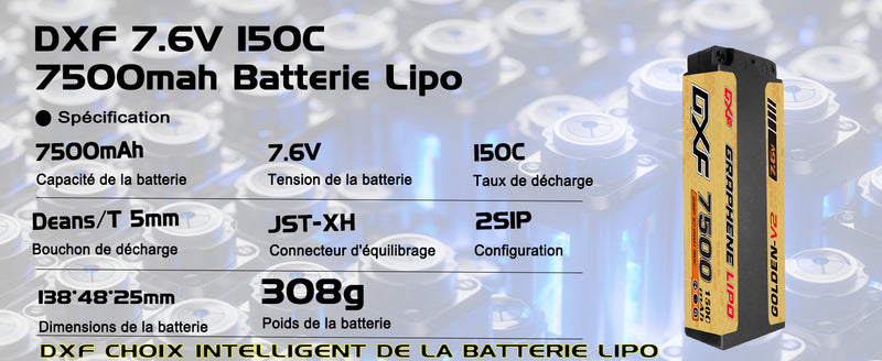 (CN)DXF Lipo Battery 2S 7.6V 7500MAH 150C 5MM  lipo Hardcase with  DEANS/T Plug for Rc 1/8 1/10 Buggy Truck Car Off-Road Drone