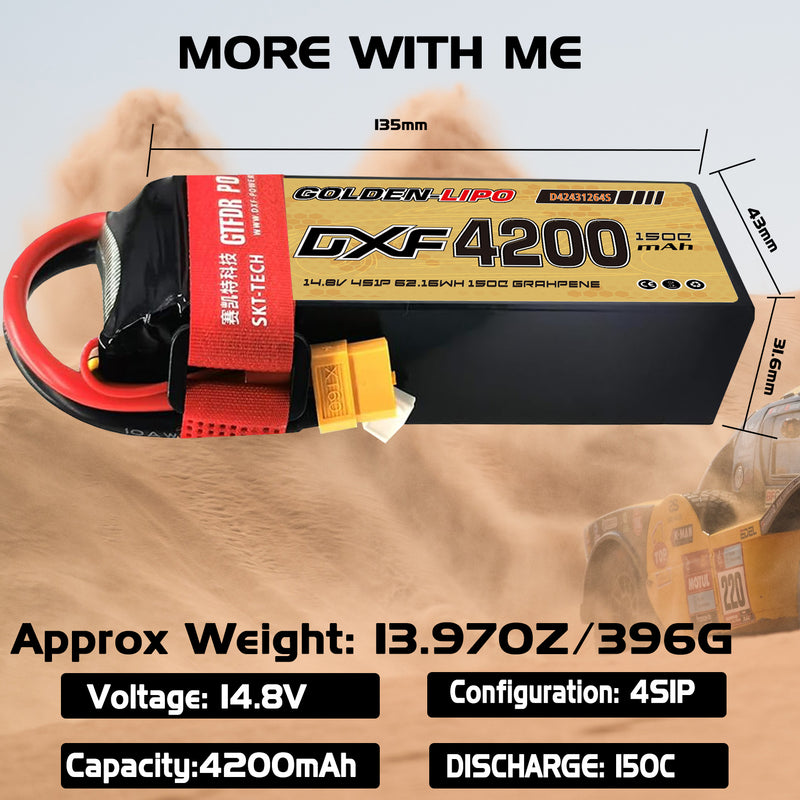 (CN)DXF 4S Lipo Battery 14.8V 150C 4200mAh Soft Case Battery with EC5 XT90 Connector for Car Truck Tank RC Buggy Truggy Racing Hobby