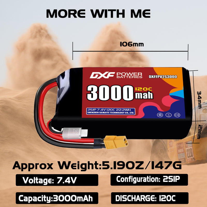 DXF 3000mAh 2S 120C 7.4V Lipo Battery Pack for FPV LiPo Battery