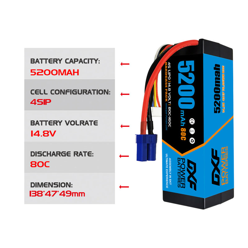 (CA)DXF Lipo Battery 4S 14.8V 5200MAH 80C  lipo Hardcase with  EC5 Plug for Rc 1/8 1/10 Buggy Truck Car Off-Road Drone