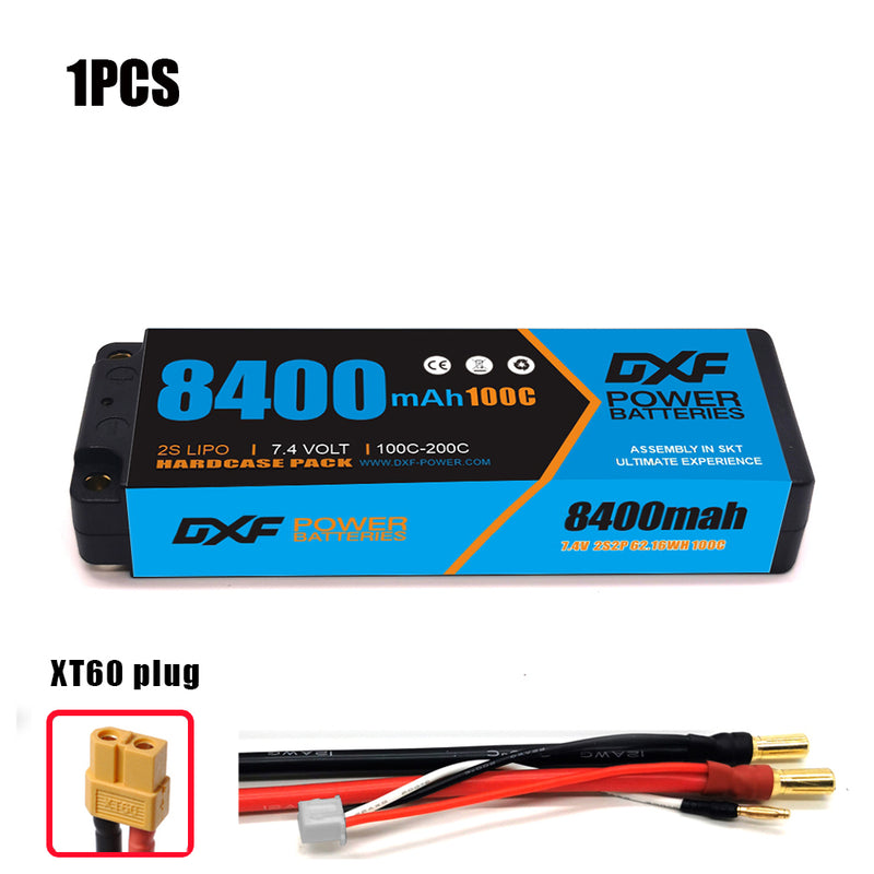 (CN) DXF 2S 7.4V Lipo Battery 100C 8400mAh with 4mm Bullet for RC 1/8 Vehicles Car Truck Tank Truggy Competition Racing Hobby