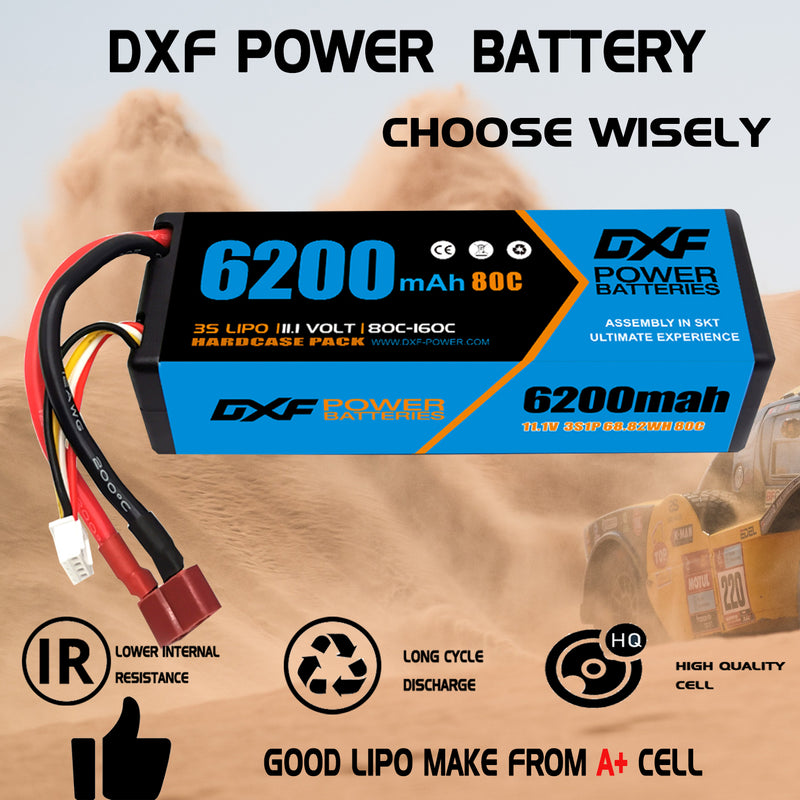 DXF 3S LiPo Battery 11.1V 6200mAh 80C Hardcase with Deans/T- Premium Power for RC Cars & Drones